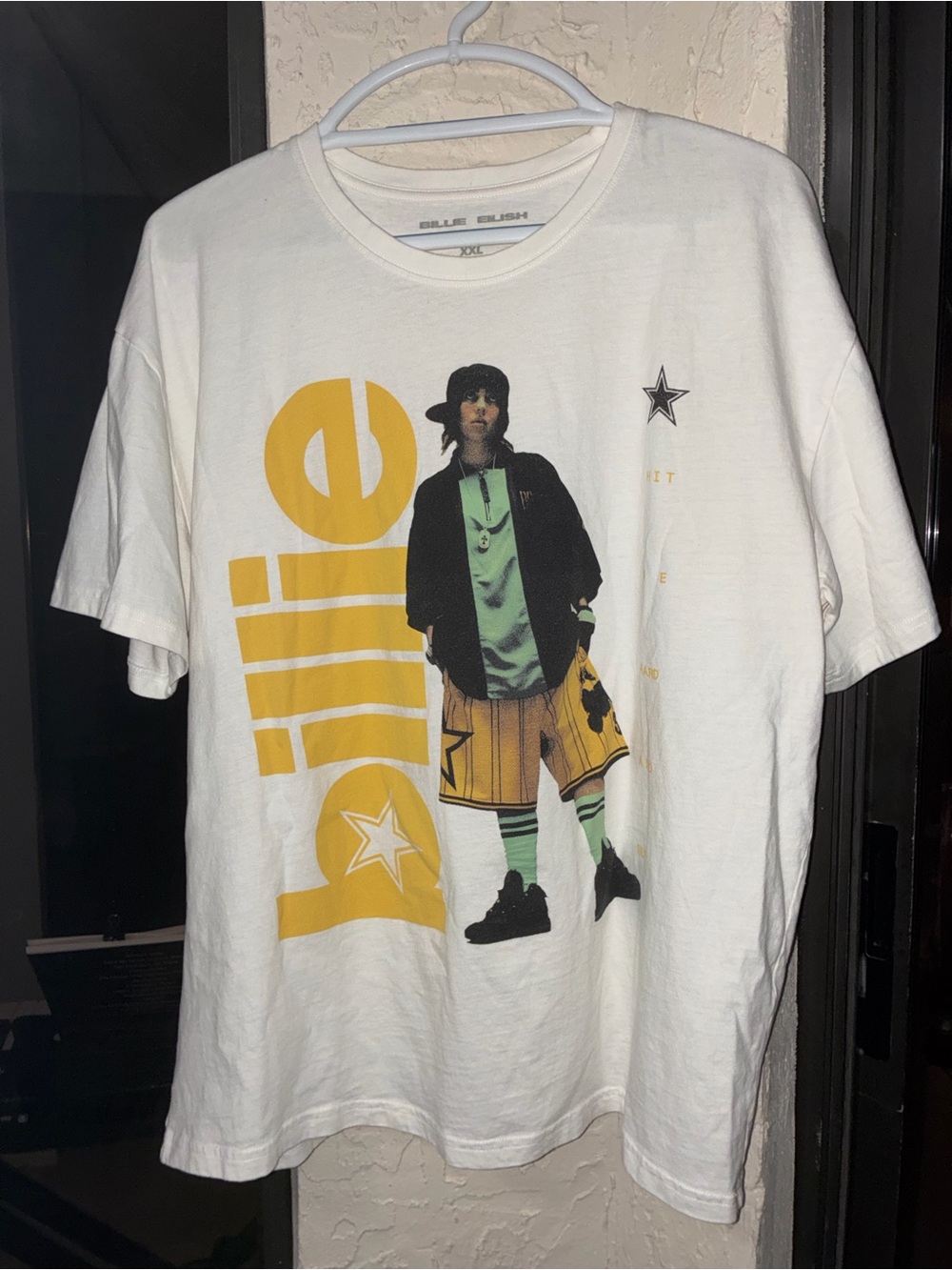 Billie Eilish Graphic Tee in White with Yellow and Green Print